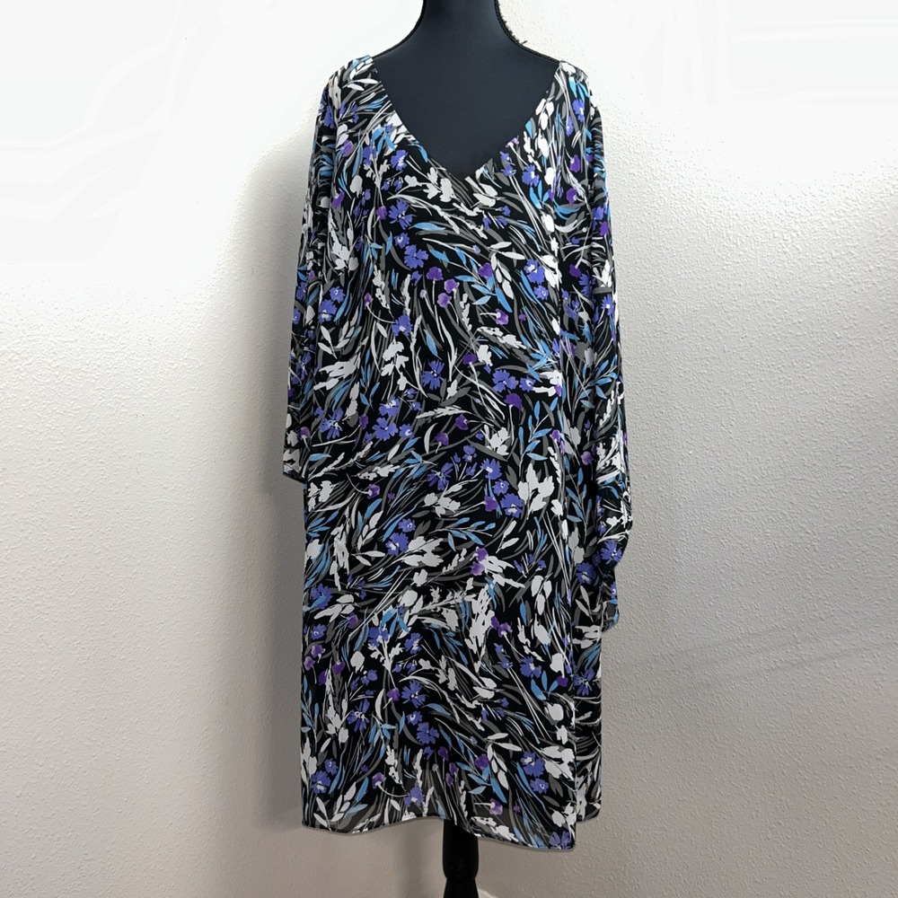 Roz & Ali Dress Women's 20W Black Silky Floral Chiffon Layered Bell Sleeve Artsy
